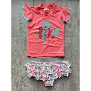 WETSUIT CLUB Two Piece Ruffle Fish Ocean Print Ruffle Bottoms Swim Suit 4T